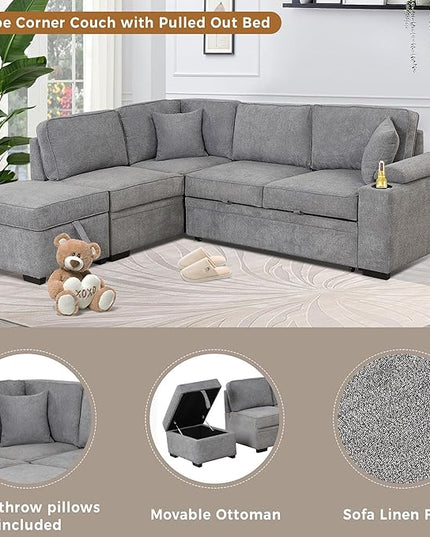 87.4" L Shape Sleeper Sectional Sofa w/Pull Out Bed & Storage Ottoman, Velvet Upholstered Couch, for Living Room, Bedroom and Small Apartment, 87.4 Inch, Gray - LeafyLoom