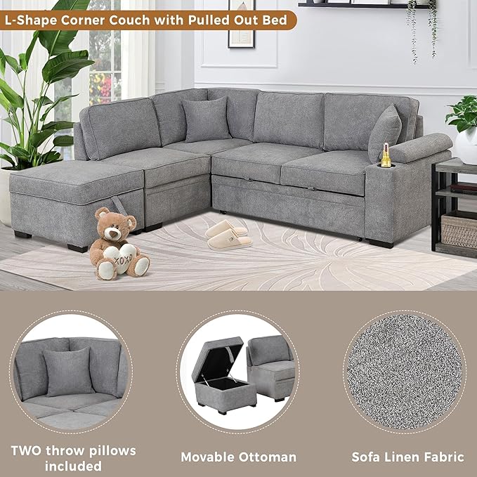 87.4" L Shape Sleeper Sectional Sofa w/Pull Out Bed & Storage Ottoman, Velvet Upholstered Couch, for Living Room, Bedroom and Small Apartment, 87.4 Inch, Gray - LeafyLoom