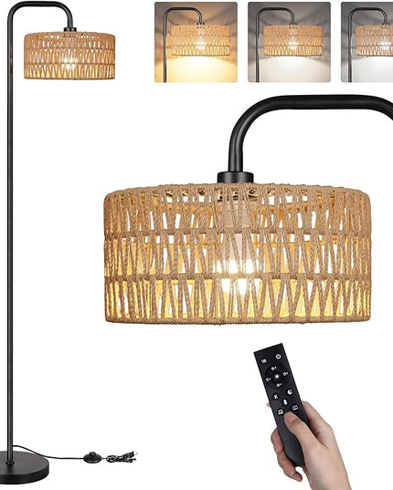 PARTPHONER Farmhouse Floor Lamp, 68''Tall Lamp for Living Room with Remote 3 Color Temperatures Boho Standing Lamp with Rattan Shades for Bedroom Study Room Office Hotel, Bulb Include - LeafyLoom