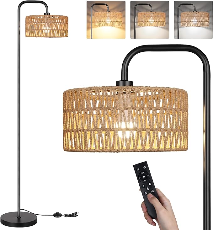 PARTPHONER Farmhouse Floor Lamp, 68''Tall Lamp for Living Room with Remote 3 Color Temperatures Boho Standing Lamp with Rattan Shades for Bedroom Study Room Office Hotel, Bulb Include - LeafyLoom