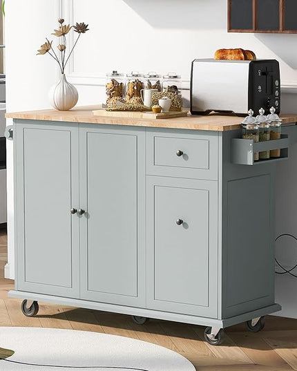53.9" Drop Leaf, Rolling Island on Wheels w/Drawer and 3-Tier Pull Out Cabinet Organizer, Kitchen Storage Cart with Spice, Towel Rack, Grey Blue, 53.94 Inch - LeafyLoom