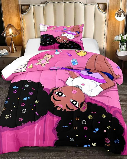 Black Girl Magic Comforter Twin Set - African American Girls Twin Comforter Sets Black Girls Twin Bedding Sets for Bedroom Decor Pink Kids Twin Comforter, 1 Comforter+1 Pillowcase - LeafyLoom