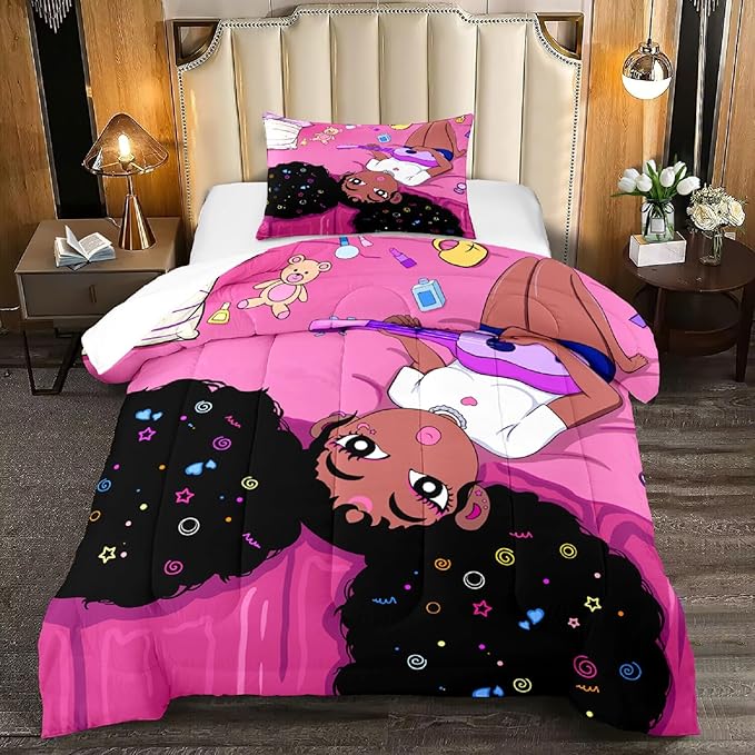 Black Girl Magic Comforter Twin Set - African American Girls Twin Comforter Sets Black Girls Twin Bedding Sets for Bedroom Decor Pink Kids Twin Comforter, 1 Comforter+1 Pillowcase - LeafyLoom