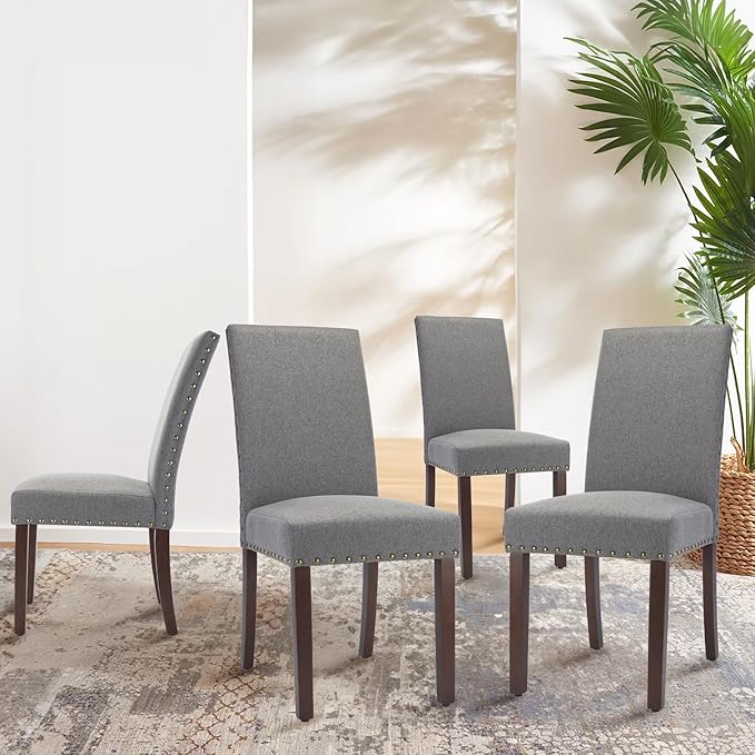 COLAMY Modern Wood Dining Chairs Set of 4, Parsons Dining Chairs, 19 Inch Padded Dining Chairs with Nailed Trim for Kitchen Dining Living Room,Grey - LeafyLoom