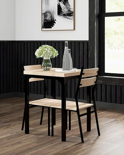 HOMCOM 3 Piece Dining Table Set for 2, Modern Kitchen Table and Chairs, Dining Room Set for Breakfast Nook, Small Space, Apartment, Space Saving, Light Wood Grain - LeafyLoom