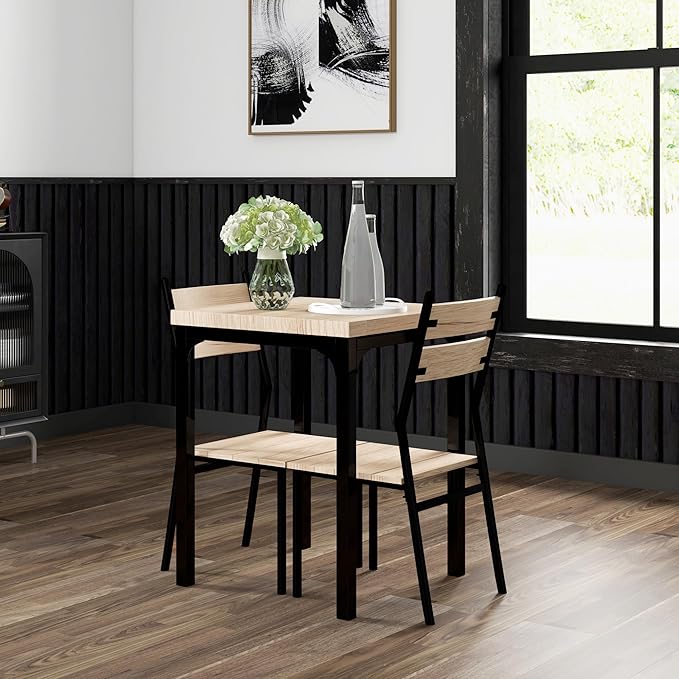 HOMCOM 3 Piece Dining Table Set for 2, Modern Kitchen Table and Chairs, Dining Room Set for Breakfast Nook, Small Space, Apartment, Space Saving, Light Wood Grain - LeafyLoom