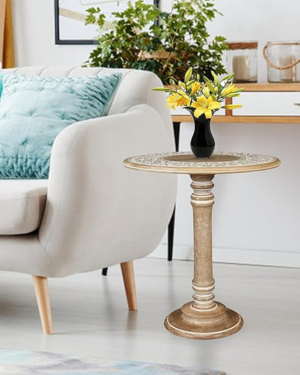 Round End Table,Small Table,Side Table, Side Tables Living Room,End Table,Round Side Table,Altar Table, Carved Side Table,Wood Accent Table,Carved Wood Table Single Pillar 18x22 inch White Wash - LeafyLoom