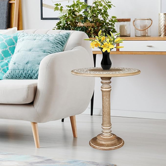 Round End Table,Small Table,Side Table, Side Tables Living Room,End Table,Round Side Table,Altar Table, Carved Side Table,Wood Accent Table,Carved Wood Table Single Pillar 18x22 inch White Wash - LeafyLoom