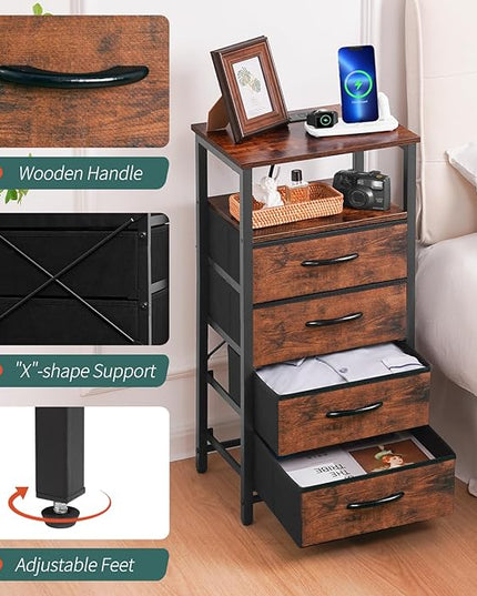 Yoobure Night Stand - LED Nightstand with Charging Station, Bedside Table with 4 Fabric Storage Drawers and Storage Shelf, End Table with USB Ports and Outlets, Tall Dresser for Bedroom - LeafyLoom