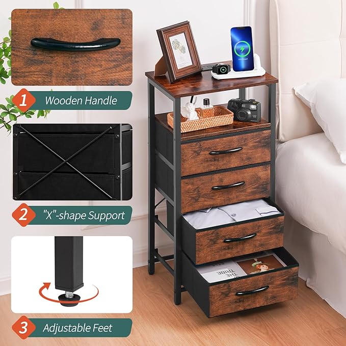Yoobure Night Stand - LED Nightstand with Charging Station, Bedside Table with 4 Fabric Storage Drawers and Storage Shelf, End Table with USB Ports and Outlets, Tall Dresser for Bedroom - LeafyLoom