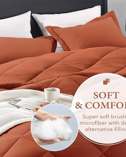 downluxe Queen Comforter Set - Burnt Orange Comforter Set Queen, 3 Pieces Solid Comforter Set Queen Size for All Seasons, 1 Lightweight Fluffy Comforter (88"x92") and 2 Pillow Shams - LeafyLoom