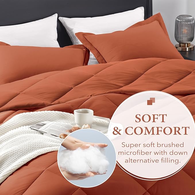 downluxe King Size Comforter Set - Burnt Orange King Comforter Set, 3 Pieces Soft Solid Comforter King Size Set for All Seasons, 1 Lightweight Fluffy Comforter (104"x92") and 2 Pillow Shams - LeafyLoom