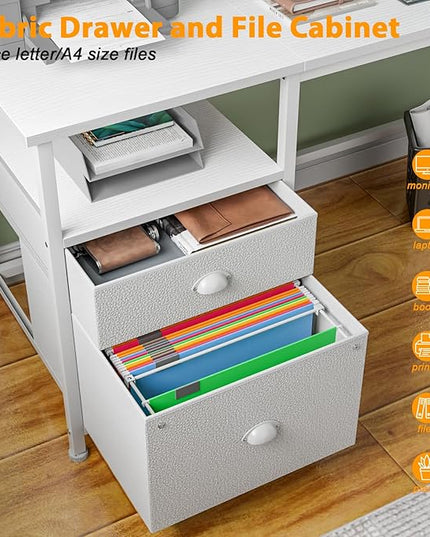 Furologee 61" Computer Desk with Fabric File Cabinet & Drawer, Reversible White Desk with Storage Shelf, Office Desk with Long Monitor Stand, Writting Desk Workstation, for Home/Office/White - LeafyLoom