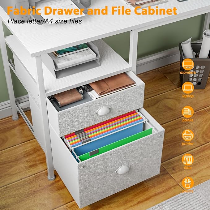Furologee 61" Computer Desk with Fabric File Cabinet & Drawer, Reversible White Desk with Storage Shelf, Office Desk with Long Monitor Stand, Writting Desk Workstation, for Home/Office/White - LeafyLoom