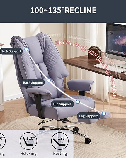 Big and Tall Office Chair 400lbs Wide Seat, Leather High Back Executive Office Chair with Foot Rest, Ergonomic Office Chair Lumbar Support for Lower Back Pain Relief (Light Purple) - LeafyLoom