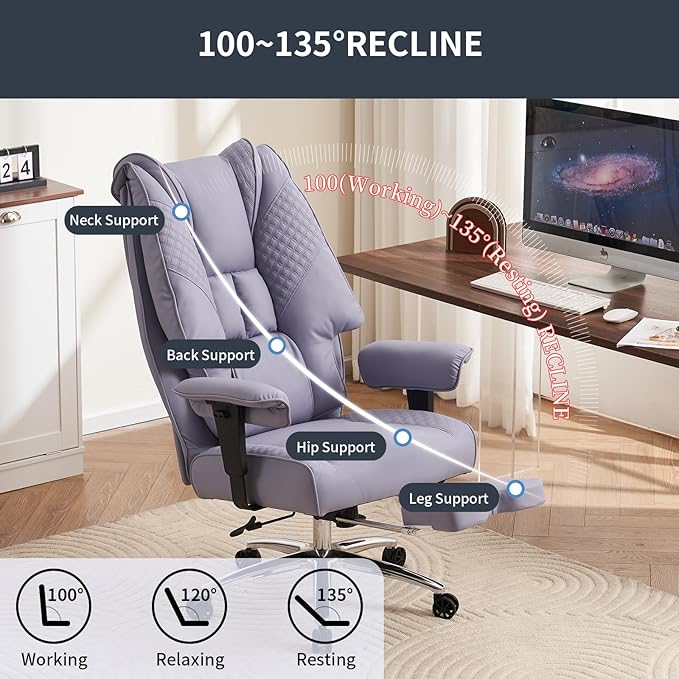 Big and Tall Office Chair 400lbs Wide Seat, Leather High Back Executive Office Chair with Foot Rest, Ergonomic Office Chair Lumbar Support for Lower Back Pain Relief (Light Purple) - LeafyLoom
