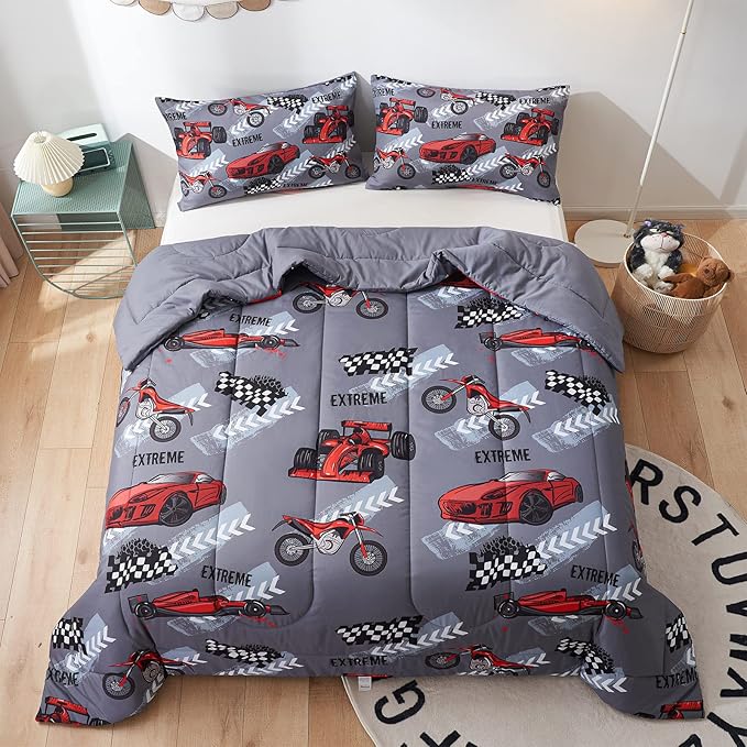 beeweed 2 Piece Kid Comforter Set Twin Size, Racing Car Bedding Set for Teen Boys Girls - LeafyLoom