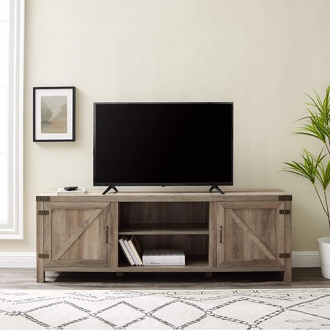 Walker Edison Georgetown Modern Farmhouse Double Barn Door Stand for TVs up to 80 Inches, 70 Inch, Grey Wash - LeafyLoom