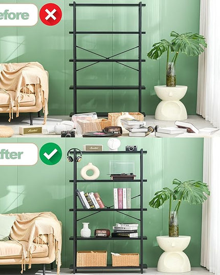 HCHQHS Bookshelf, 5-Tier Industrial Bookcase, Black Open Book Shelf, Freestanding Tall Bookshelves with Metal Frame - LeafyLoom