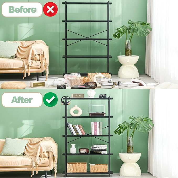 HCHQHS Bookshelf, 5-Tier Industrial Bookcase, Black Open Book Shelf, Freestanding Tall Bookshelves with Metal Frame - LeafyLoom
