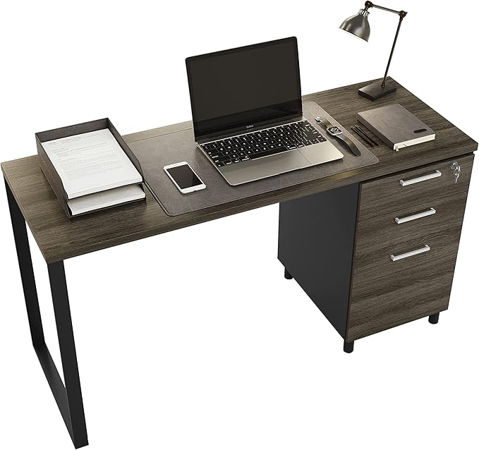 Milano Home Office Desk - 47Inch Space Grey/Black Home Office Desk with Drawers - Modern Computer Desk with Storage, Detachable & Lockable Computer Cabinet - Wooden Office, Study, and Writing Table - LeafyLoom