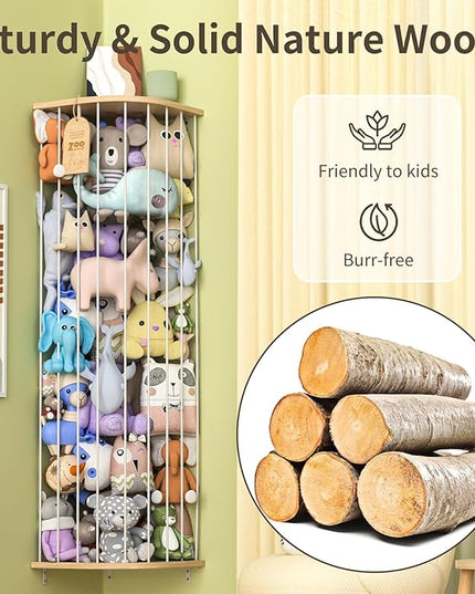 Stuffed Animal Storage for Plushie Toys - Large Wood Corner Hanging Pet Storage with Sky Pattern, Length Adjustable Toy Organizer Shelf for Nursery Play Room Bedroom Kid Room - LeafyLoom