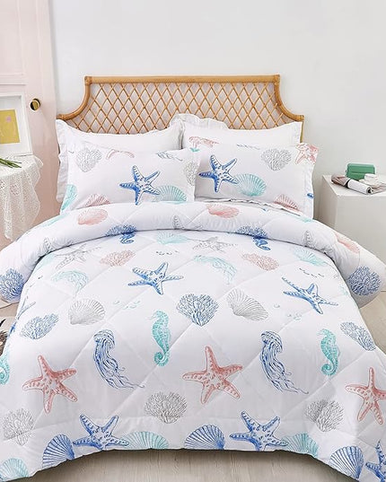 JSD Beach Theme 3 Piece Full Kids Comforter Set, Jellyfish Starfish Shell Printed Comforter with Pillow Sham, Soft Comfortable Machine Washable - LeafyLoom