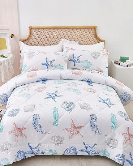 JSD Beach Theme 2 Piece Twin Kids Comforter Set, Jellyfish Starfish Shell Printed Comforter with Pillow Sham, Soft Comfortable Machine Washable - LeafyLoom