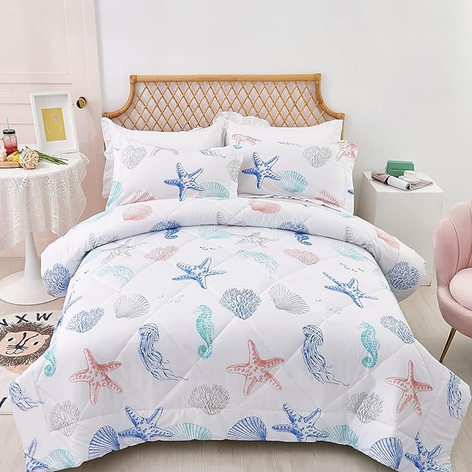 JSD Beach Theme 2 Piece Twin Kids Comforter Set, Jellyfish Starfish Shell Printed Comforter with Pillow Sham, Soft Comfortable Machine Washable - LeafyLoom