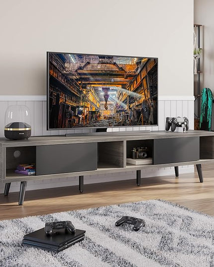 Bestier 70 inch Mid Century Modern TV Stand for 75 inch TV, Low Profile TV Stand with Storage, Entertainment Center for Living Room, Cord Management, Gray Wash - LeafyLoom