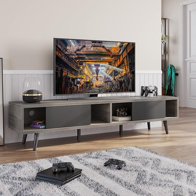 Bestier 70 inch Mid Century Modern TV Stand for 75 inch TV, Low Profile TV Stand with Storage, Entertainment Center for Living Room, Cord Management, Gray Wash - LeafyLoom
