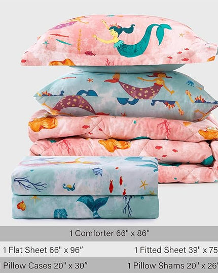 Twin Size Mermaid Kids Bedding Set for Girls, 5 Pieces Super Soft Lightweight Microfiber Comforter Set with Sheets, Bed in a Bag, Durable Children Bed Set - LeafyLoom