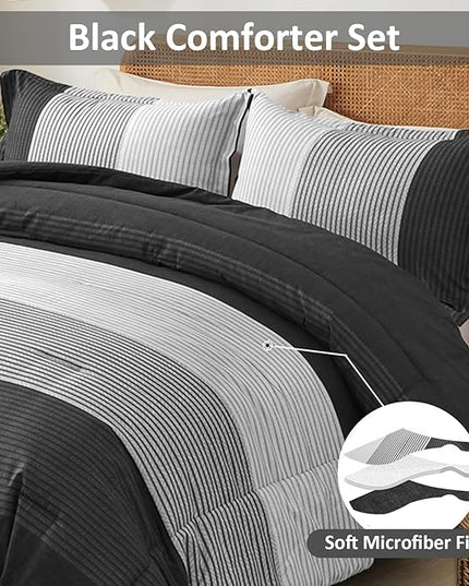 WONGS BEDDING Black Comforter Set Queen, Reversible Black Grey Stripe Down Alternative Comforter for All Season,3 Pieces(1 Patchwork Comforter+2 Pillowcases), Soft Microfiber Bedding Set 90"×90" - LeafyLoom