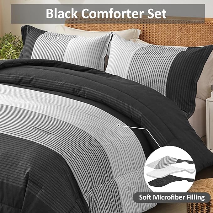 WONGS BEDDING Black Comforter Set Queen, Reversible Black Grey Stripe Down Alternative Comforter for All Season,3 Pieces(1 Patchwork Comforter+2 Pillowcases), Soft Microfiber Bedding Set 90"×90" - LeafyLoom
