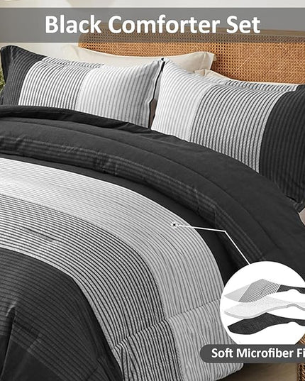 WONGS BEDDING Black Comforter Set King, Reversible Black Striped Down Alternative Comforter for King Bed,3 Pieces (1 Comforter+2 Pillowcases), Soft Microfiber Bedding Duvet Set 104”×90" - LeafyLoom