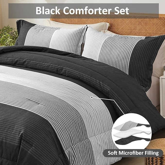 WONGS BEDDING Black Comforter Set King, Reversible Black Striped Down Alternative Comforter for King Bed,3 Pieces (1 Comforter+2 Pillowcases), Soft Microfiber Bedding Duvet Set 104”×90" - LeafyLoom