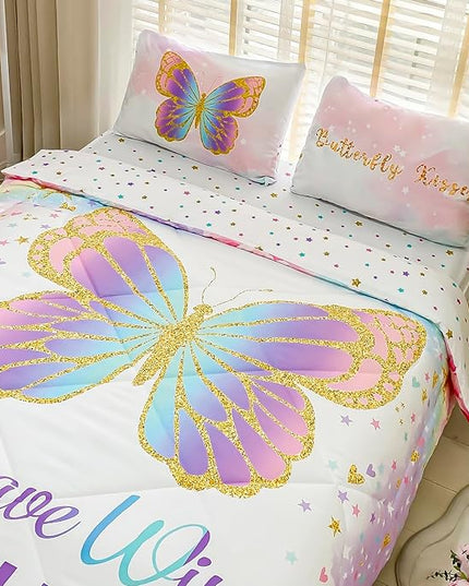 Twin Size Comforter Set for Girls, 5-Piece Bed in a Bag, 3D Colorful Butterfly Bedding Comforter Sheet Set, Ultra Soft and Fluffy, Pink & Rainbow Color - LeafyLoom