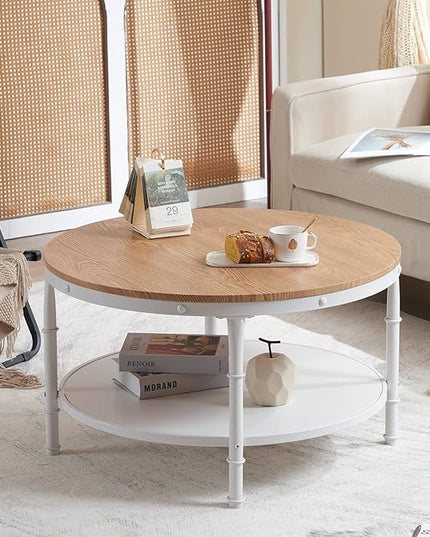 VINGLI 31.5" Natural White Round Farmhouse Coffee Table, 2-Tier Storage Wood Center Circle Accent Table for Living Room, Bedroom, Apartment, Studio and Small Spaces, Sturdy Metal Frame, Natural Color - LeafyLoom