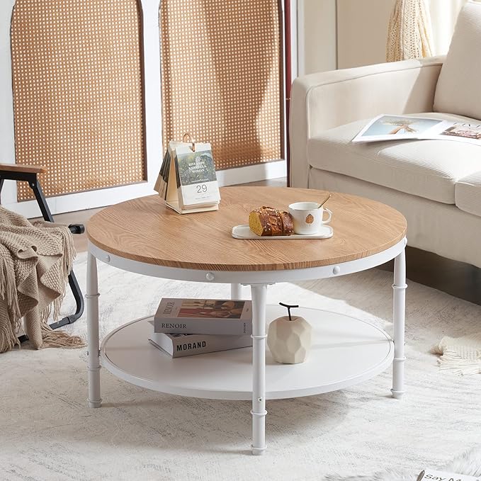 VINGLI 31.5" Natural White Round Farmhouse Coffee Table, 2-Tier Storage Wood Center Circle Accent Table for Living Room, Bedroom, Apartment, Studio and Small Spaces, Sturdy Metal Frame, Natural Color - LeafyLoom