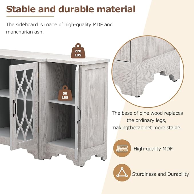 58" Retro Sideboard Glass Door with Curved Line Design,Wood Ample Storage Cabinet,W/Black Handle and Three Adjustable Shelves,for Dining Living Room Entryway,Antique White - LeafyLoom