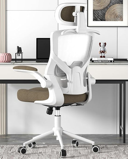 Ergonomic Office Chair, High Back Mesh Desk Chair with Thick Molded Foam Cushion, Coat Hanger, Adjustable Headrest, Lumbar Support, Tilt & Lock Function - Task Computer Chair (Brown) - LeafyLoom