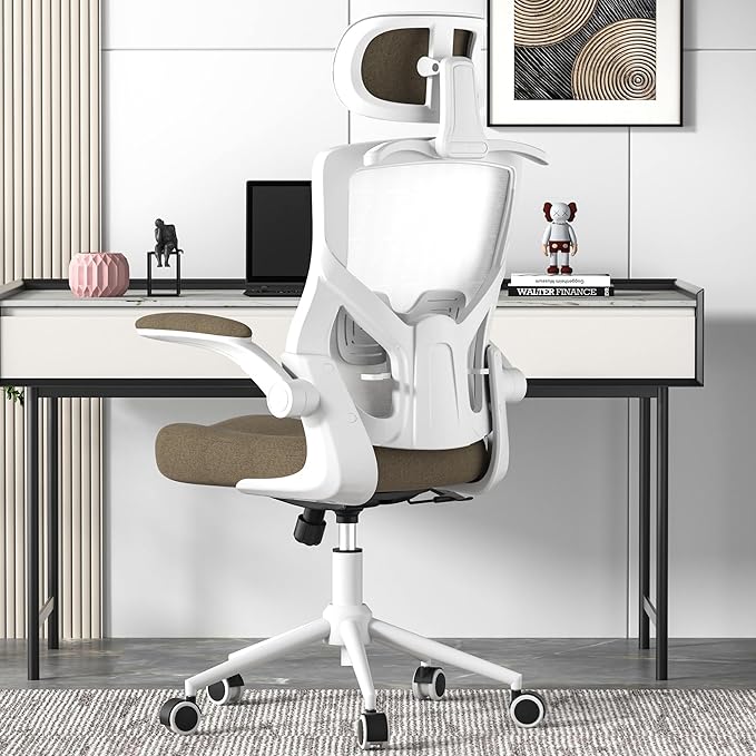 Ergonomic Office Chair, High Back Mesh Desk Chair with Thick Molded Foam Cushion, Coat Hanger, Adjustable Headrest, Lumbar Support, Tilt & Lock Function - Task Computer Chair (Brown) - LeafyLoom