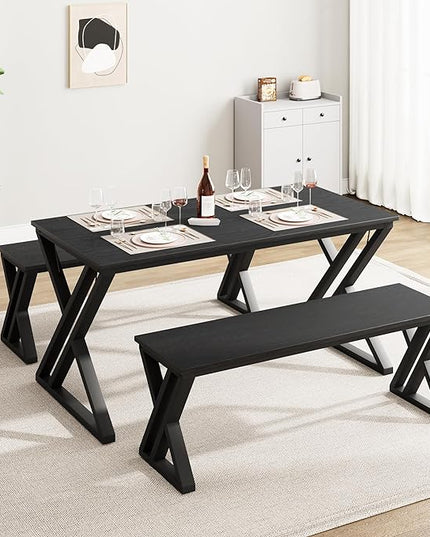 IDEALHOUSE Kitchen Table with Benches, Dining Table Benches Set for 4-6, Rectangular Kitchen Table Set with Sturdy Metal Frame, Saving Space for Kitchen, Dining Room, Apartment, 55", Black - LeafyLoom