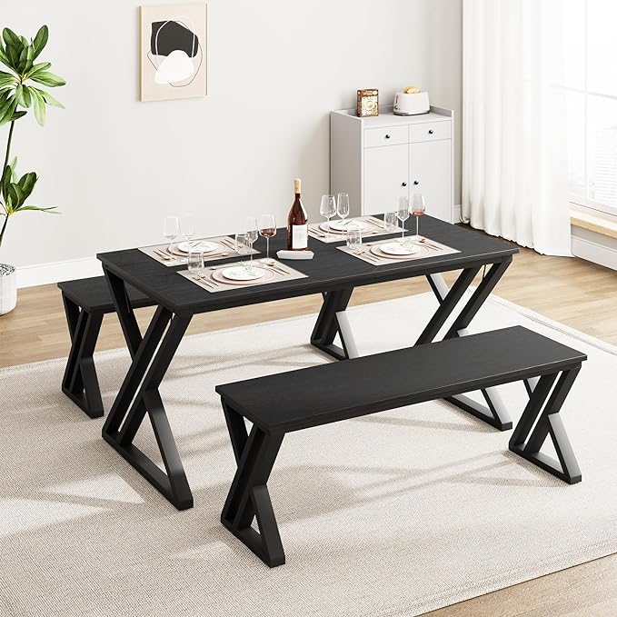 IDEALHOUSE Kitchen Table with Benches, Dining Table Benches Set for 4-6, Rectangular Kitchen Table Set with Sturdy Metal Frame, Saving Space for Kitchen, Dining Room, Apartment, 55", Black - LeafyLoom