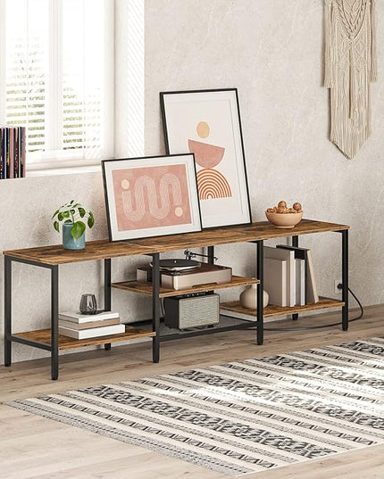 HOOBRO TV Stand with Power Outlets to 75 Inches, TV Console Table with Open Storage Shelves Cabinet, Industrial Media Entertainment Center for Living Room Bedroom, Rustic Brown and Black BF80DS01 - LeafyLoom