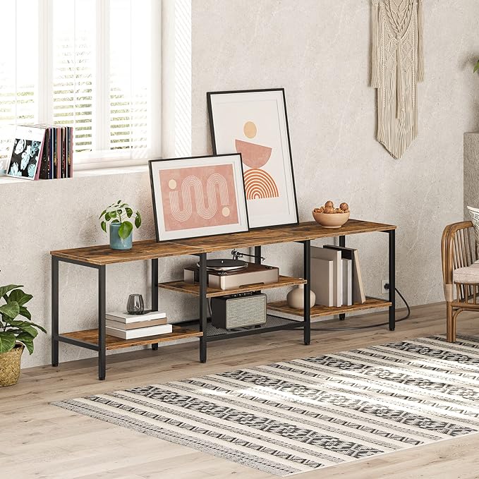HOOBRO TV Stand with Power Outlets to 75 Inches, TV Console Table with Open Storage Shelves Cabinet, Industrial Media Entertainment Center for Living Room Bedroom, Rustic Brown and Black BF80DS01 - LeafyLoom