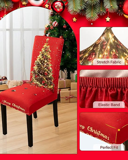 4PCS Christmas Dining Chair Covers Stretch Removable Washable Dining Room Chair Protector Slipcover 3D Print Xmas Tree Bow Tie Kitchen Chair Cover Slipcovers for Xmas Holiday Party Home Décor CZL