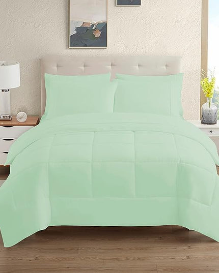 Dorm Room Essentials College Bedding Comforter Set 7 Piece Full Size Bed in a Bag for College Students Boys and Girls, Full, Mint - LeafyLoom