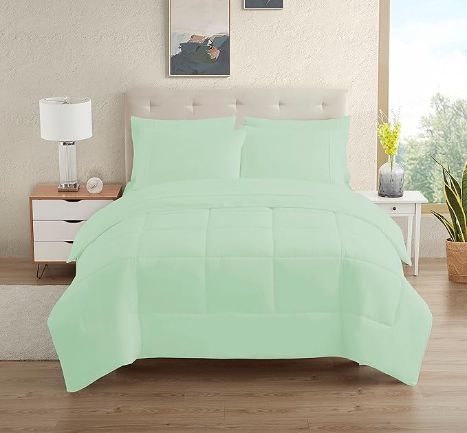 Dorm Room Essentials College Bedding Comforter Set 5 Piece Twin Size Bed in a Bag for College Students Boys and Girls, Twin, Mint - LeafyLoom