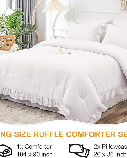 White Double Ruffle Comforter Set King Size (104x90 Inch), 3 Pcs Farmhouse Vintage Comforter Set (1 Ruffled Comforter and 2 Pillowcase), Rustic All Season Down Alternative Bedding Set - LeafyLoom